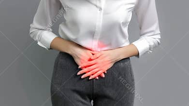 Abdominal discomfort: woman pain, lower abdomen ache, female health issue, menstrual distress, cystitis irritation, bladder