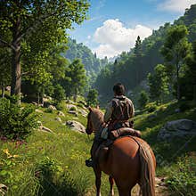 An AI generated image of a lone medieval fantasy wanderer riding a horse in mountains in forested wilderness
