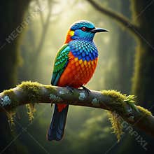 An AI generated image of colorful bird perching on a branch in forest