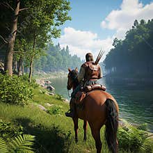 An AI generated image of a solitary medieval fantasy wanderer riding a horse in forested wilderness