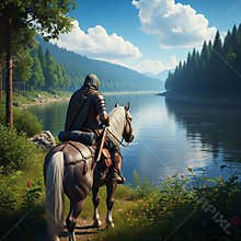 An AI generated image of a lone medieval fantasy wanderer riding a horse in forested wilderness
