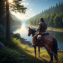 An AI generated image of a lone medieval fantasy wanderer riding a horse in forested wilderness