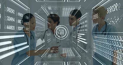 Med team in corridor, grid forming panels aiding analysis, doctor tapping, interface collapsing