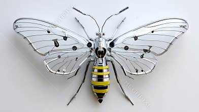 An intricately designed robotic butterfly wasp hybrid resting on a clean, white background.