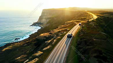Scenic coastal drive with two cars on winding cliffside road at sunset. Concept of adventure travel, ocean journey, breathtaking