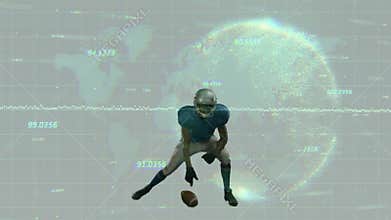 Football player crouching on analytics grid pressing ball and snapping it while tracking data globe