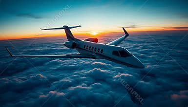Private jet flying above clouds during dramatic sunset and blue sky background
