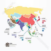 Asia Infographic Map Template jigsaw concept banner. vector .