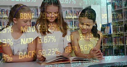 Three girls in library flipping pages, starting animated data overlay and discovering illustrations