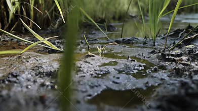 Methane bubbling through murky swamp mud, verdant grasses framing decomposing organic matter in wetland environmental cycle