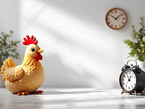 Cute chicken figurine looking at clocks on white background morning time concept