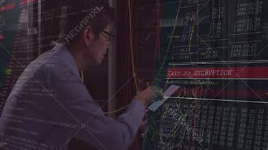 IT technician crouching at server rack, tapping tablet and encrypting data with code overlay