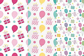 Three colorful birthday seamless patterns featuring balloons, gifts, and candles