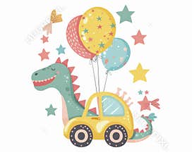 Stock illustration of a cute little dino in yellow car with balloons. Clipart for kids.