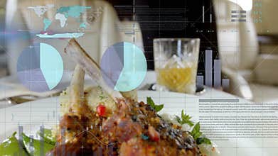 Flight attendant lifting cloche revealing gourmet lamb chop while financial data charts fading away