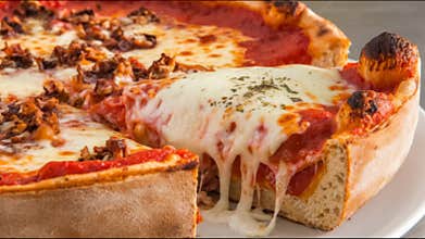 A gooey slice of Chicago-style deep-dish pizza with melted cheese