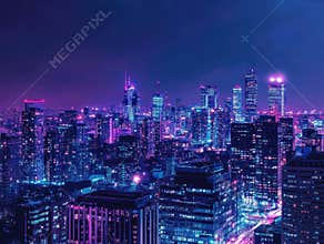 Night view of a modern city skyline with stars, warmly lit high-rise buildings reflecting on water or glass structures