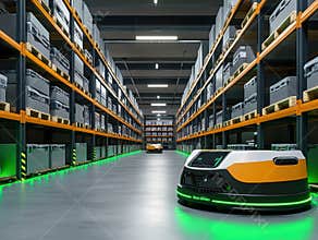Image depicts an industrial warehouse with robotic platform and filled shelves The robot is designed for picking up