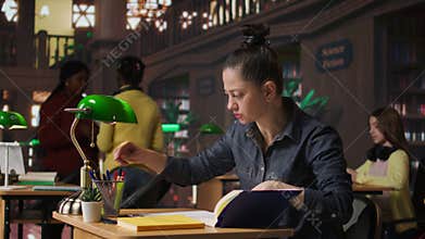 Professional author and librarian working on new notes in a public library