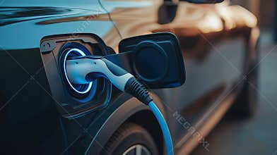 Electric vehicle charging with modern plug and blue LED light