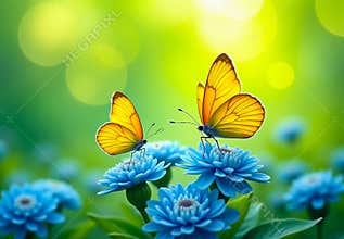 Yellow Butterfly on Blue Flower with Natural Bokeh Background