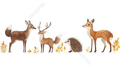 Forest animals gather among autumn leaves as they explore their natural habitat in a whimsical illustration. Generative