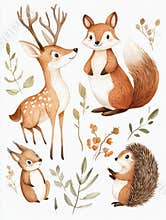 Playful forest animals engage amid lively greenery and delicate plants in a charming woodland environment. Generative AI