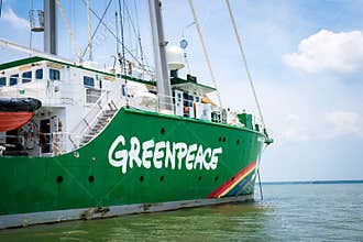 Greenpeace Rainbow Warrior sailing ship in Malaysia.