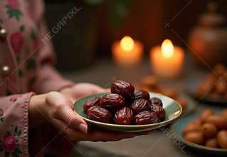 Traditional Date Dish in the Warm Ambience of Ramadan by Candlelight