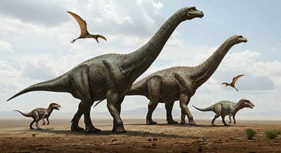 Majestic Dinosaurs in Prehistoric Desert Landscape: Photorealistic Digital Painting