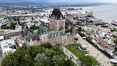 Areal view of Frontenac Castle in Old Quebec City, Quebec, Canada, North America