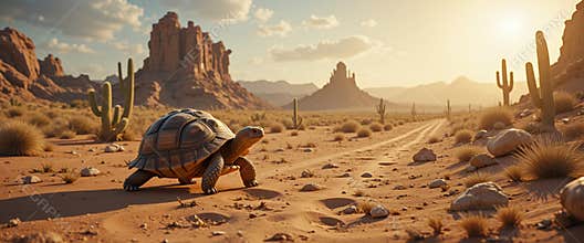 Tortoise in Desert Landscape at Sunset: Golden Light, Sand, and Rugged Rocks