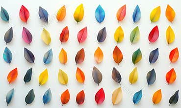 Colorful arrangement of artificial leaves in various shades and patterns on white background