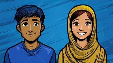 Cartoon Illustration: Smiling Young Man & Woman in Headdress Against Blue Abstract Background