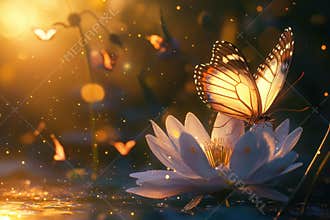 Butterfly resting on a lotus flower in a serene pond during golden hour
