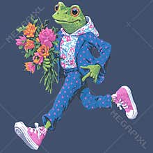 Frog in Hoodie and Suit Running with Bouquet of Roses on Blue Background