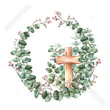 Wooden cross with Eucalyptus plant leaves and Gypsophila flower watercolor wreath. isolated frame
