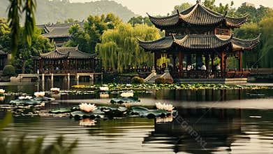 Visitors stroll through lush gardens featuring traditional pavilions and blooming lotus flowers by a tranquil lake at