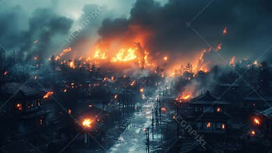 A city engulfed in flames during a devastating fire