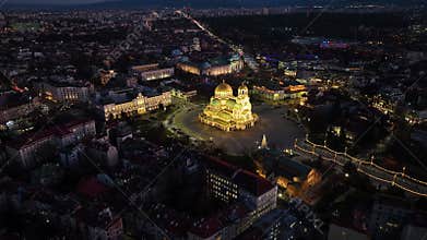 Aerial night view of Bulgaria\'s capital Sofia. Iconic building. View of the Cathedral of St. Alexander Nevsky at nightfall