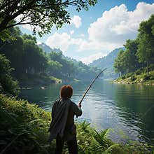 An AI generated image of a solitary medieval fantasy vagabond fishing in a broad river