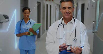 Animation of cardiograph over doctors with clipboards