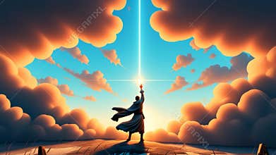 Man turn night to day with light wielder and fight with overwhelming encouragement ai generative