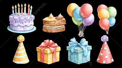 Watercolor birthday set with cake, candles, balloons, hats and gifts on transparent background