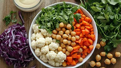 Colorful salad with chickpeas, cauliflower, carrots, parsley, and cabbage in a white bowl