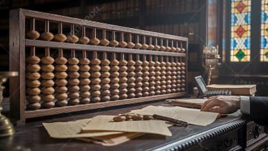 Accountant using abacus in historical office setting