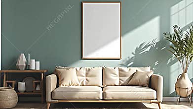 An airy living room set with a minimalist aesthetic. The sofa is low-slung and covered in a durable woven Generative AI