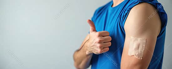 Man showing arm with bandage after receiving vaccine gives thumbs up. Vaccination program, immunization against Coronavirus