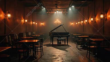 Emptiness of jazz club after hours with piano under spotlights. Interior of retro bar with tables, chairs, barrels, lanterns.
