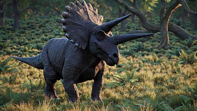 A Triceratops grazes peacefully in a lush prehistoric landscape. Herbivorous dinosaur with two horns. Ancient life